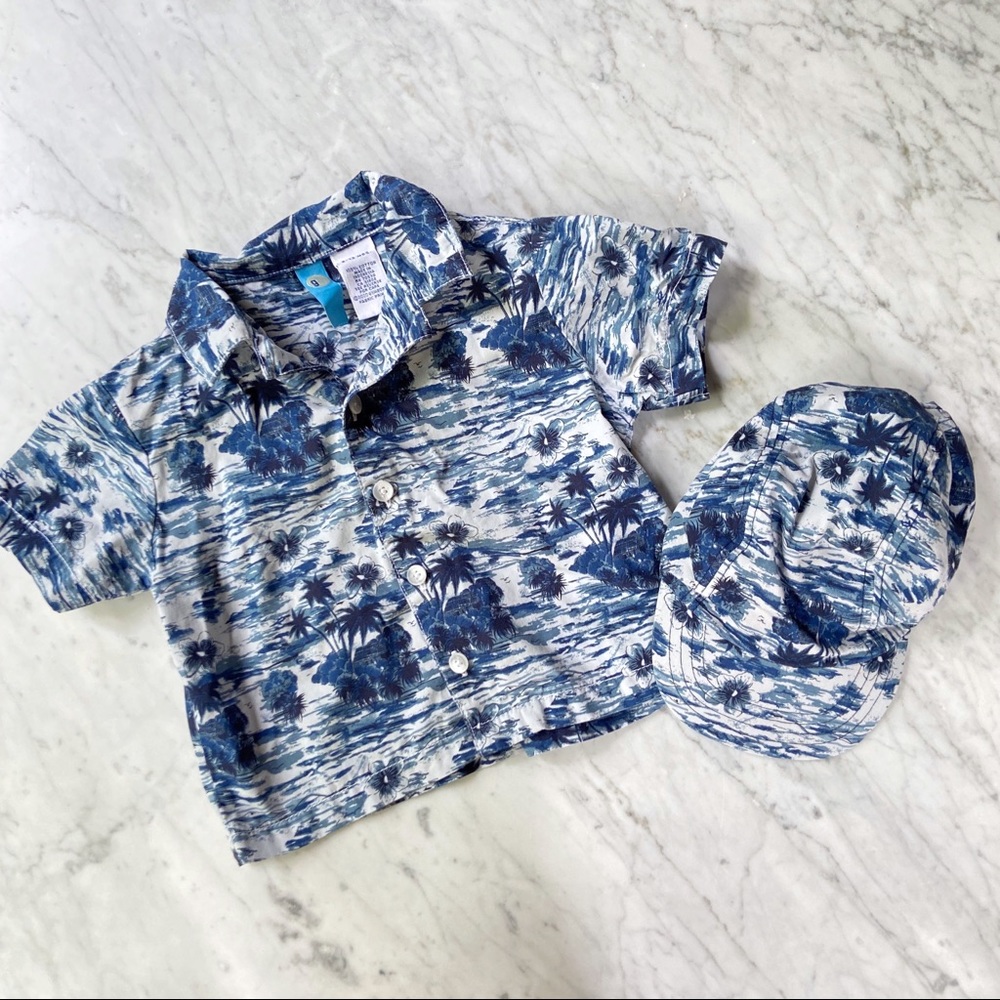 Vintage Baby Boy Blue Hawaii Shirt with Cap